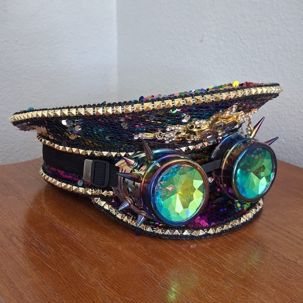 Steampunk Hat Multi Color 3D Goggles Studs Crystals Sequins Captain OS Costume
